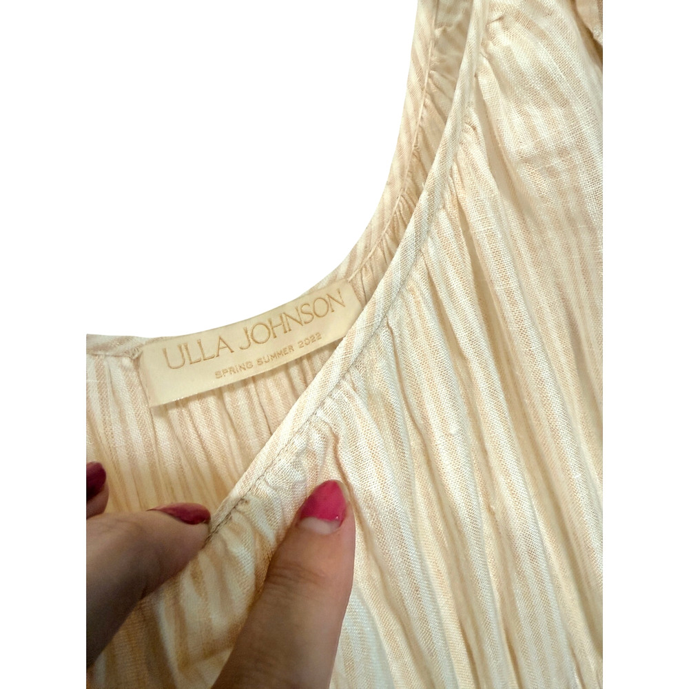 Ulla Johnson 8 Linen Rissa Midi Dress $525 Ruffle Puff Sleeve Smocked Waist Tan - Picture 6 of 11